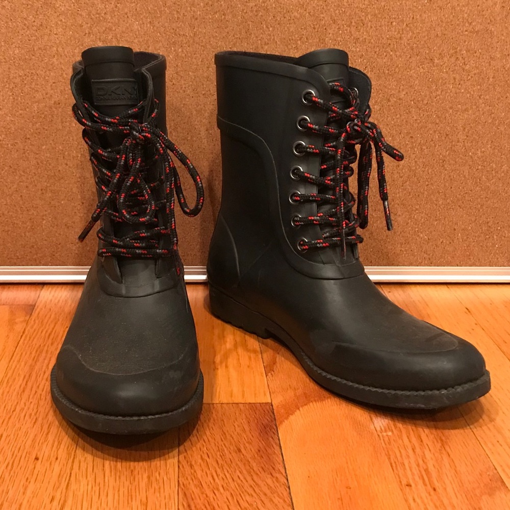 Black women's DKNY short rain boots.